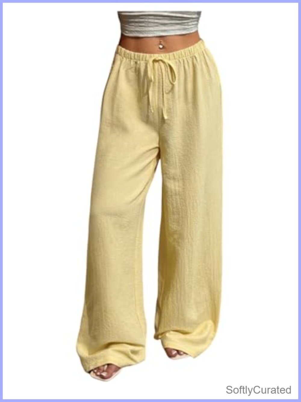 Wide Leg Low Rise Baggy Pants Elastic Waist Tie Front Casual Trousers